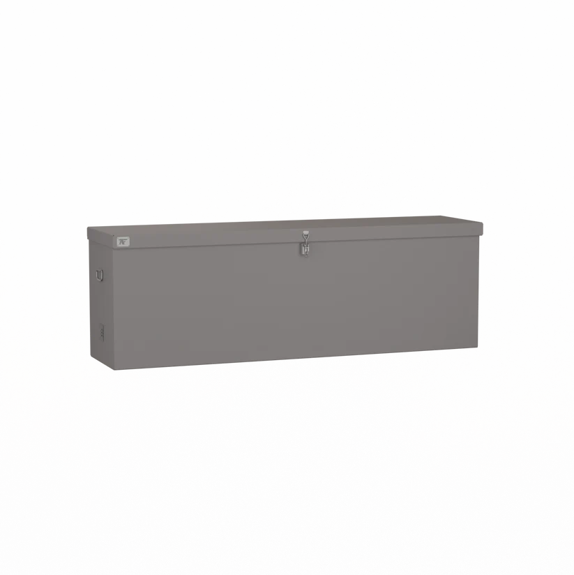 Premium aluminum dock & deck box by American Feeder with rustproof powder coat, no-seam lid, and integrated rod holders for dock and deck storage.