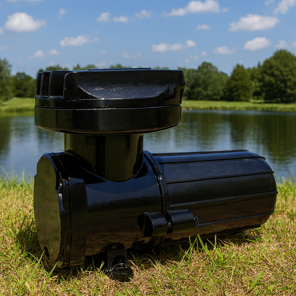 12V solar compressor delivering 2.8 CFM for solar pond aeration.