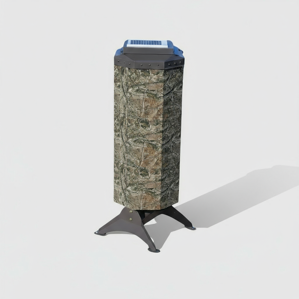 Camouflage-patterned solar fish feeder device on a white background