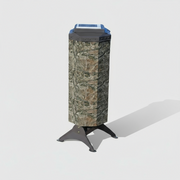 Camouflage-patterned solar fish feeder device on a white background
