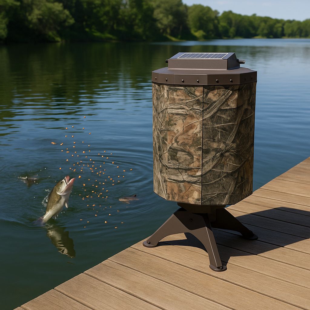 Solar Fish Feeder for Pond – Texas Avenger automatic solar-powered feeder with adjustable mount and programmable timer