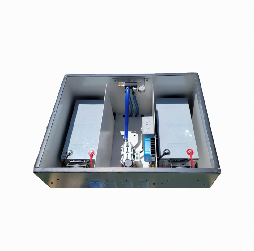 Solar pond aerator with battery backup and NightAir 2.2 CFM compressor for off-grid ponds.