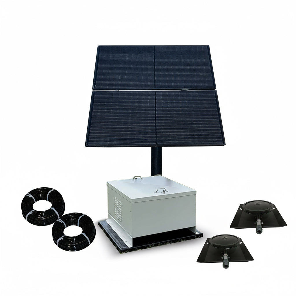 Solar pond aerator with battery backup and NightAir 2.2 CFM compressor for off-grid ponds.