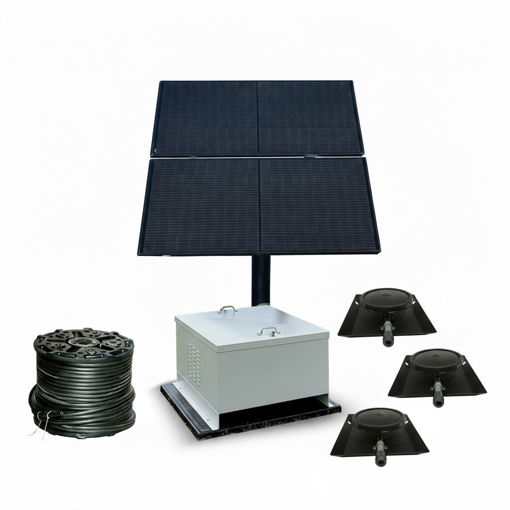 Solar pond aerator with battery backup and NightAir 2.2 CFM compressor for off-grid ponds.
