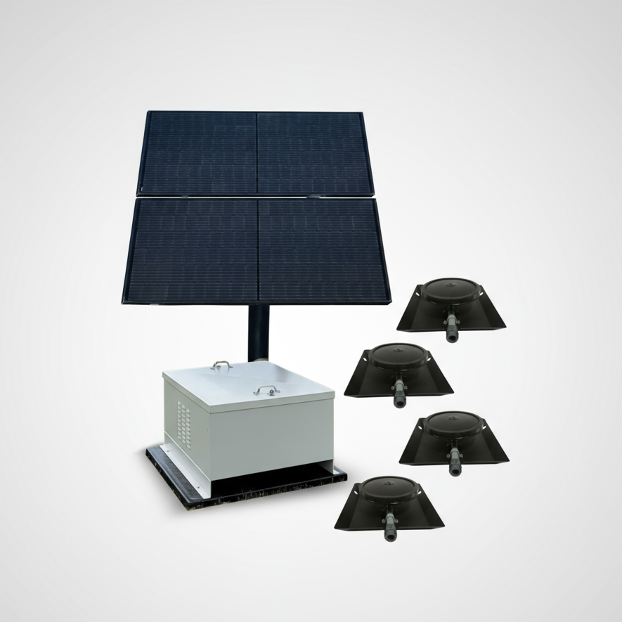 Solar pond aerator with battery backup and NightAir 2.2 CFM compressor for off-grid ponds.
