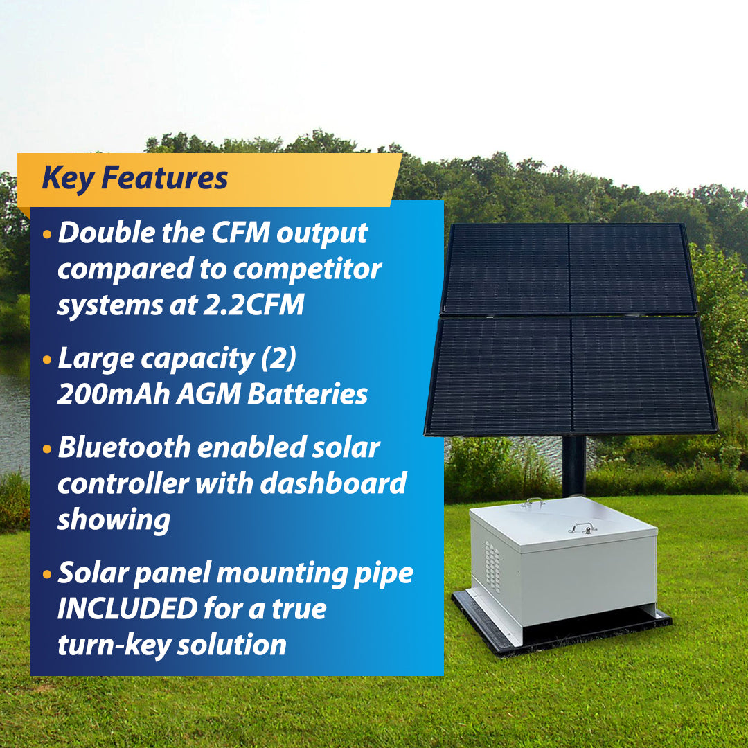 Solar pond aerator with battery backup and NightAir 2.2 CFM compressor for off-grid ponds.