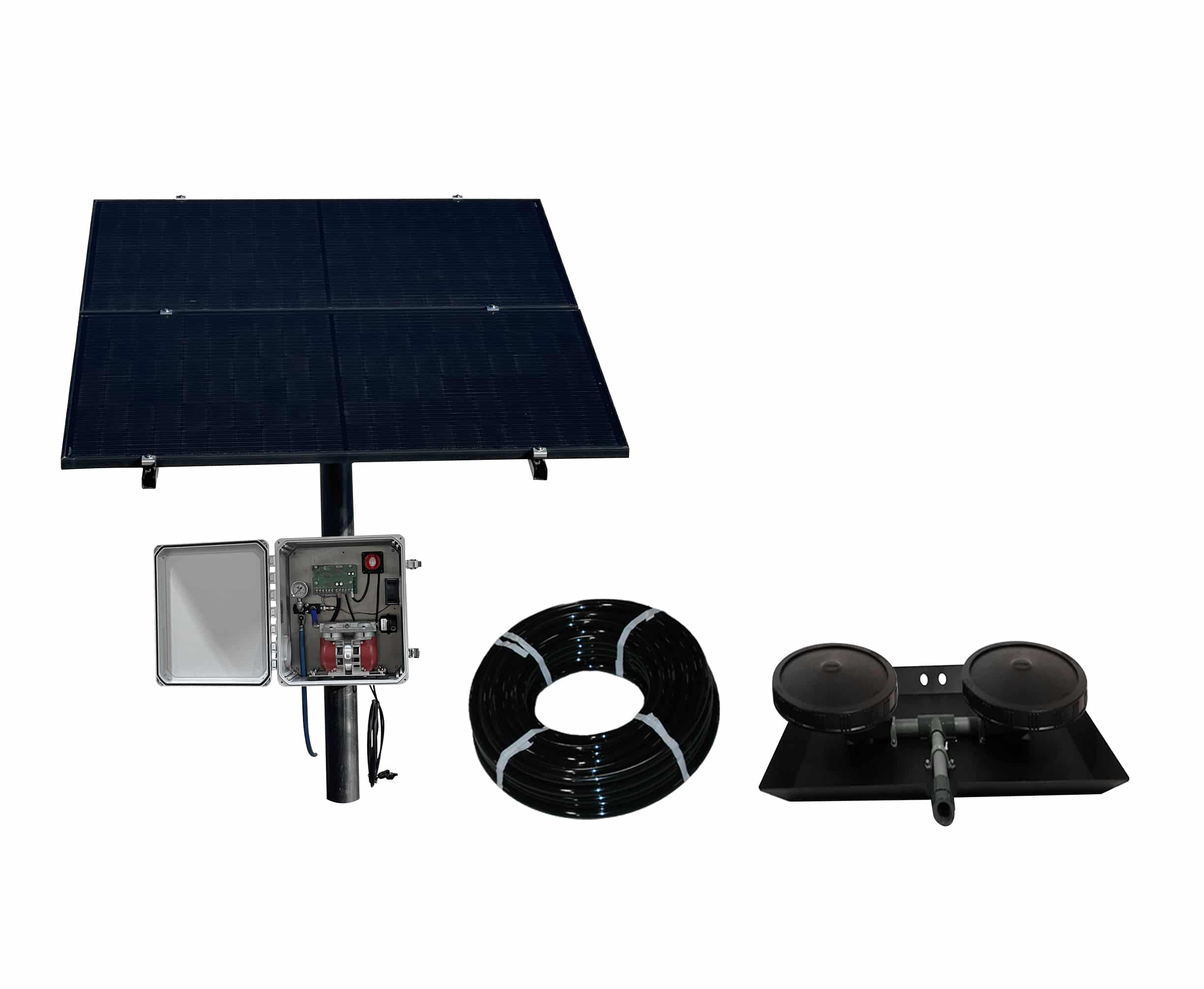 Solar Pond Aerator NitroAir 24V direct drive system with 300W pole-mounted solar panel and pond aeration diffusers