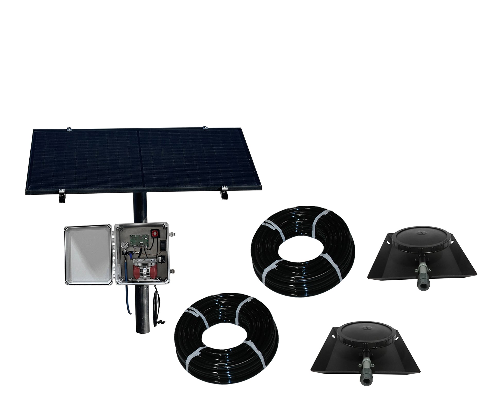 Solar Pond Aerator NitroAir 24V direct drive system with 300W pole-mounted solar panel and pond aeration diffusers