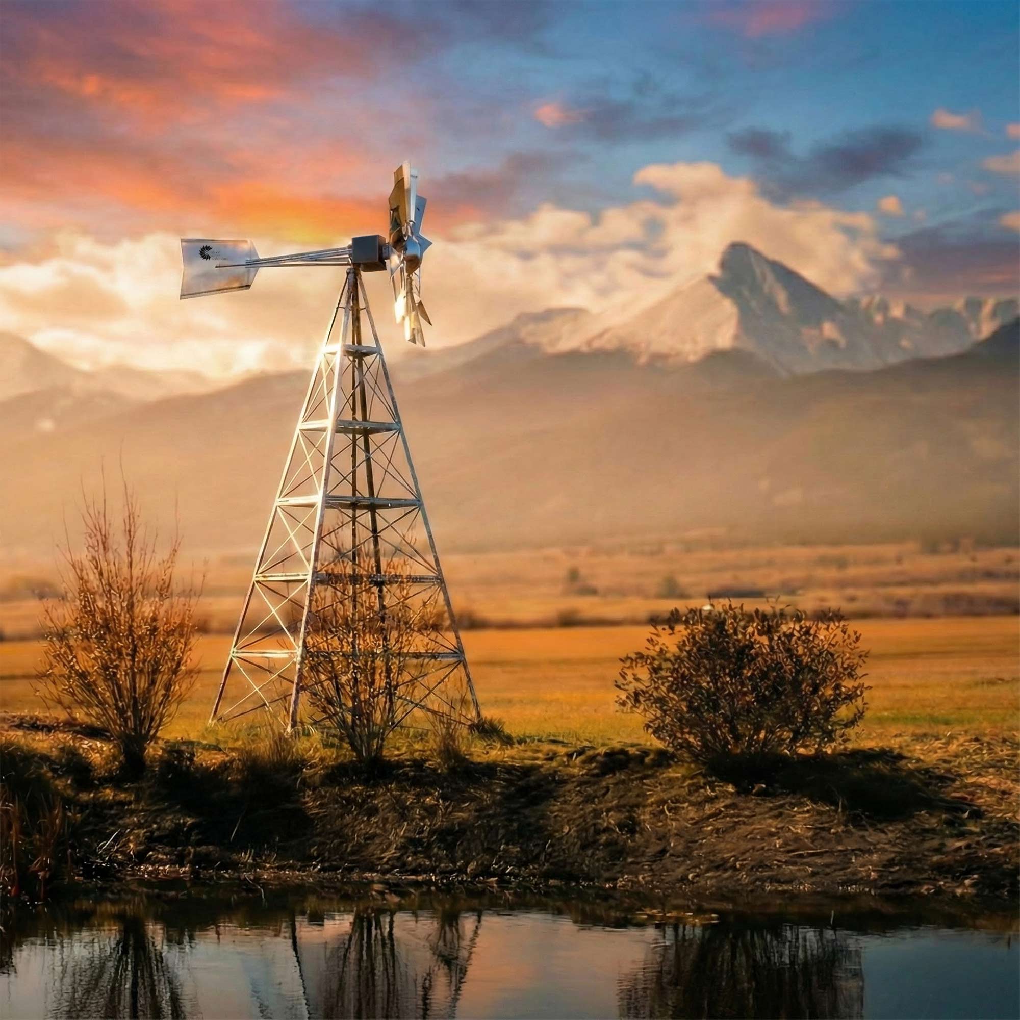 Steel Tower Large Windmill for Yard with 4-leg galvanized steel tower and self-governing head for outdoor landscape display.