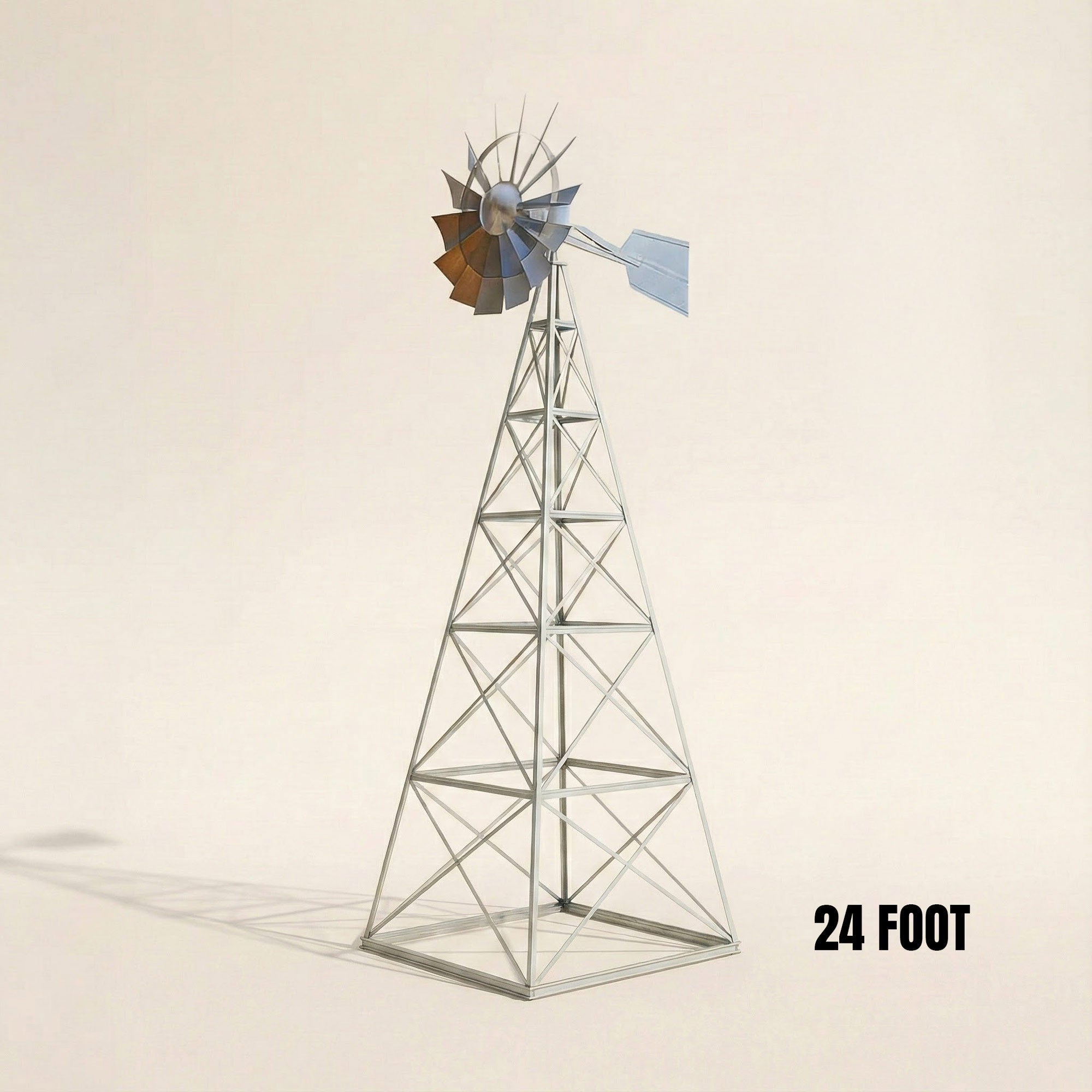 Steel Tower Large Windmill for Yard with 4-leg galvanized steel tower and self-governing head for outdoor landscape display.