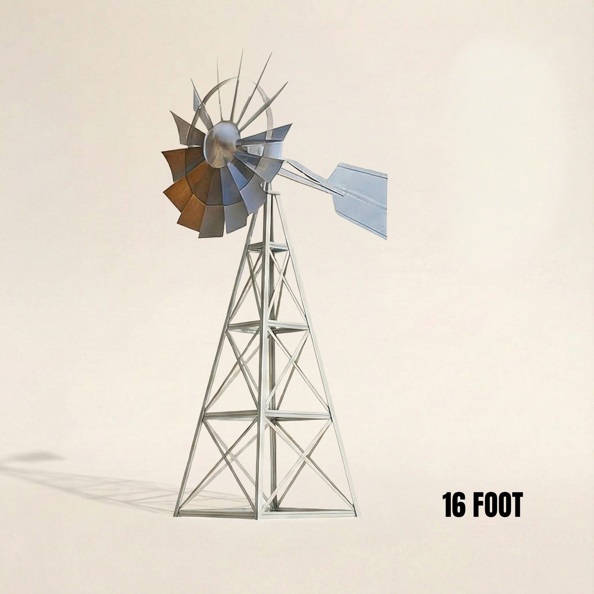 Steel Tower Large Windmill for Yard with 4-leg galvanized steel tower and self-governing head for outdoor landscape display.