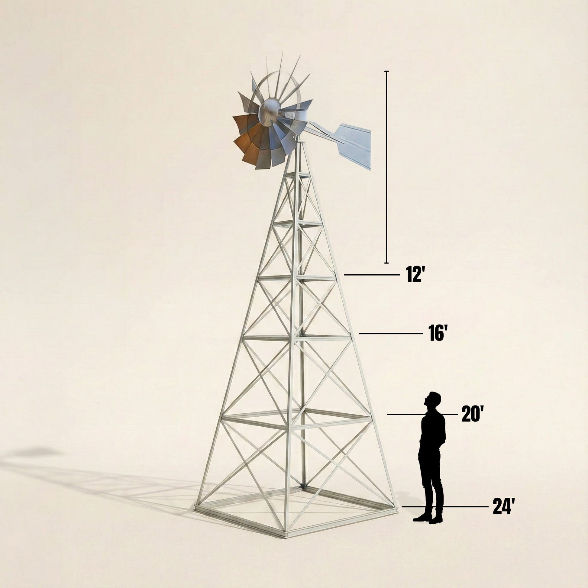 Steel Tower Large Windmill for Yard with 4-leg galvanized steel tower and self-governing head for outdoor landscape display.