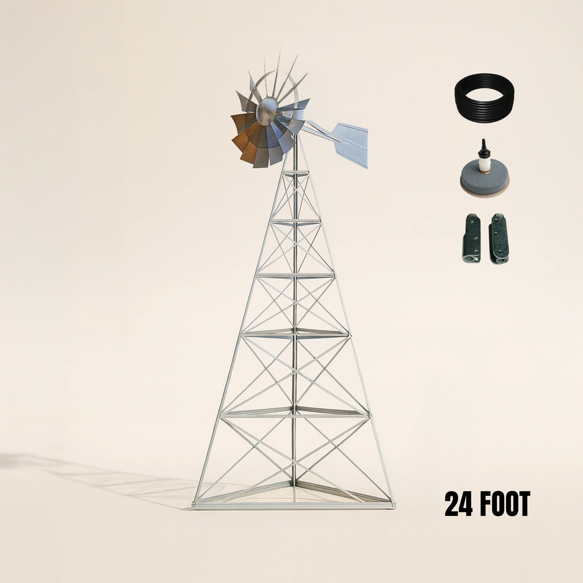 Steel Windmill Pond Aerator with 3-leg steel tower and wind-powered diffuser for off-grid pond aeration