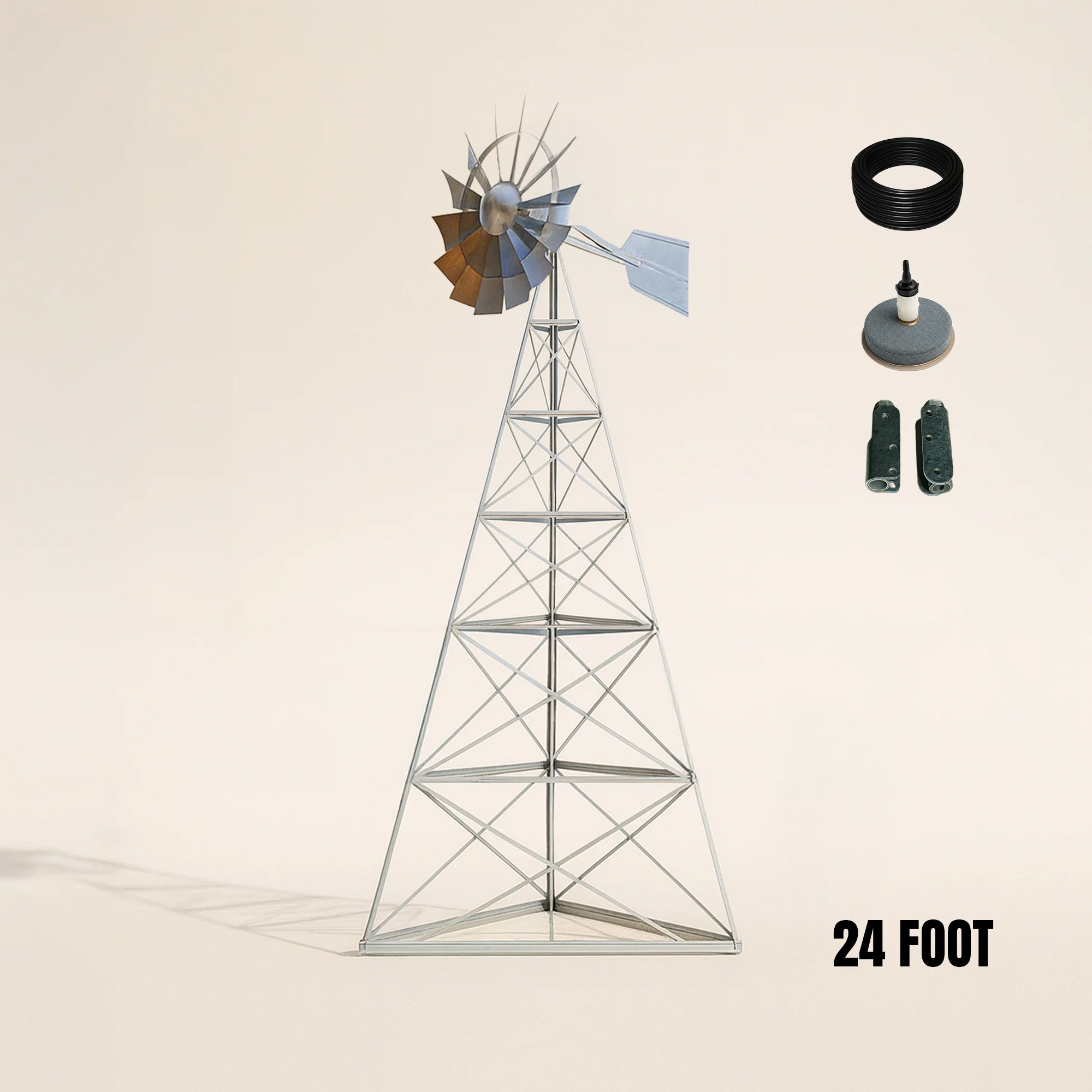 Steel Windmill Pond Aerator with 3-leg steel tower and wind-powered diffuser for off-grid pond aeration