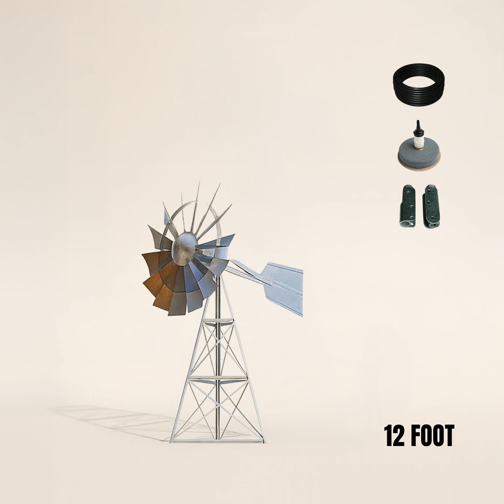 Steel Windmill Pond Aerator with 3-leg steel tower and wind-powered diffuser for off-grid pond aeration