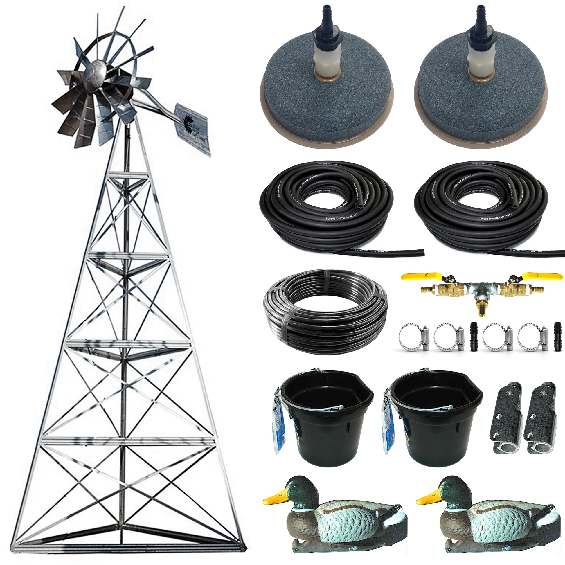 Steel Windmill Pond Aerator deluxe kit featuring a 3-leg steel tower, wind-powered compressor, and dual air diffusers for pond aeration