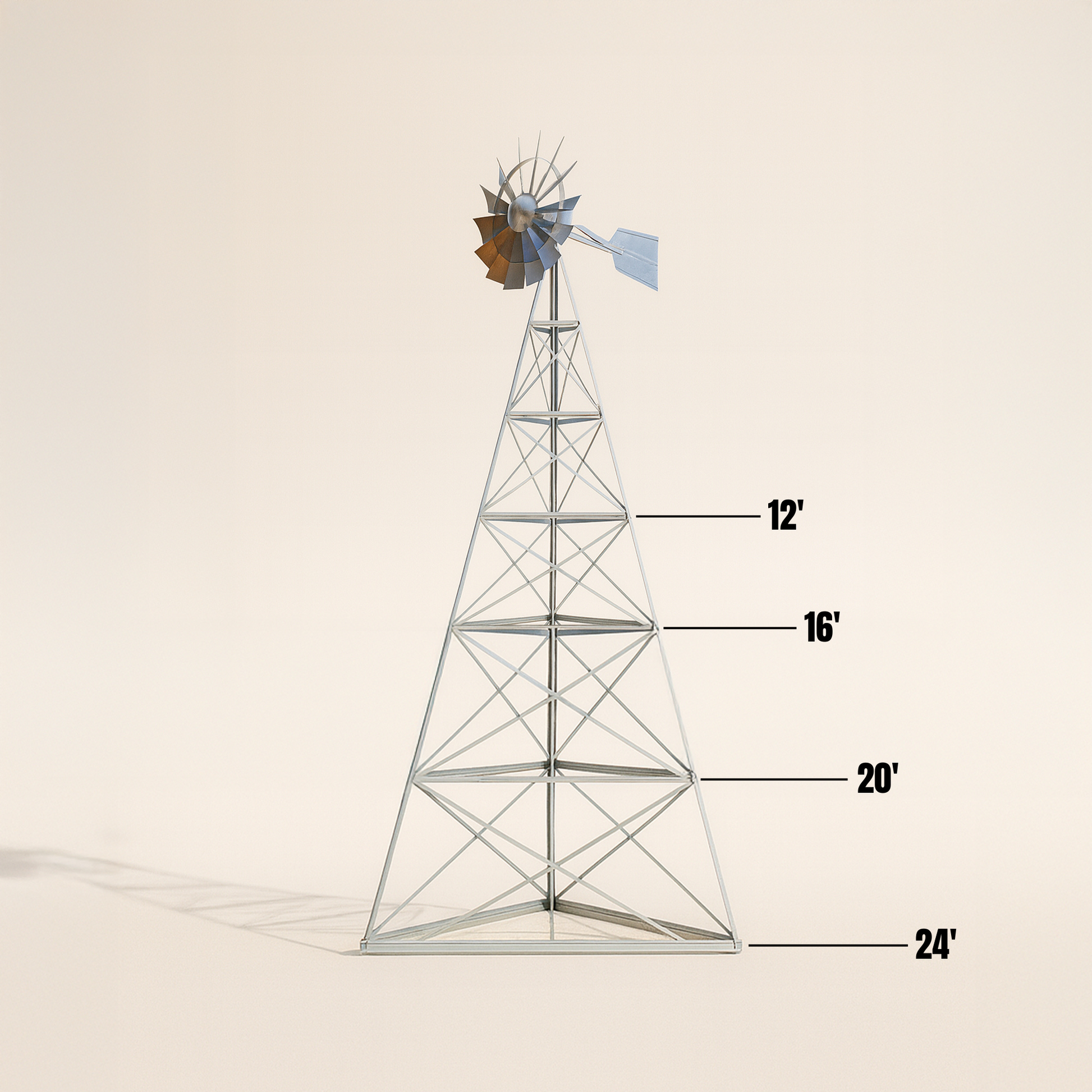 Steel Windmill Pond Aerator with 4-leg tower and Super Premier Kit for large pond aeration.
