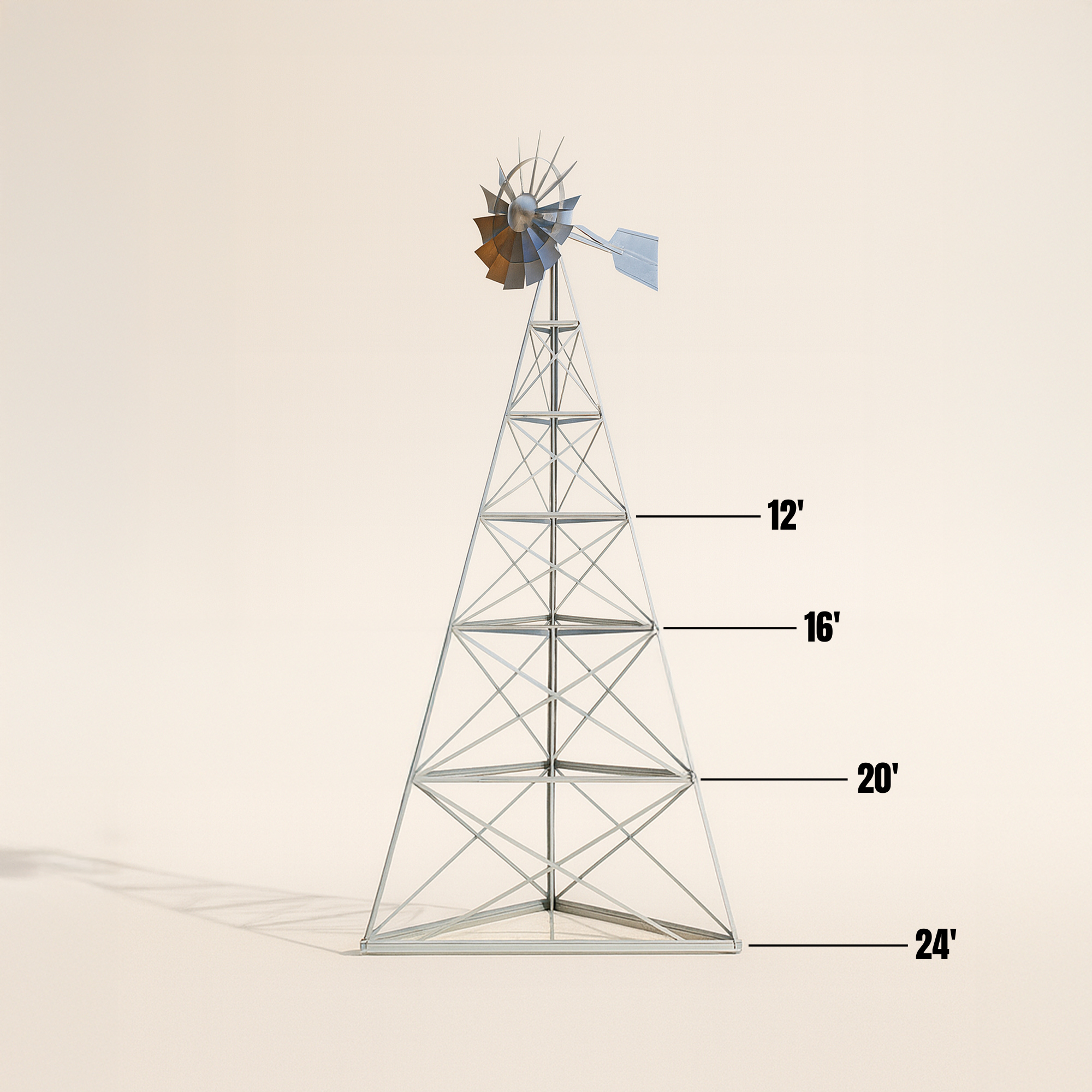 Steel Windmill Pond Aerator with 4-leg tower and Super Premier Kit for large pond aeration.