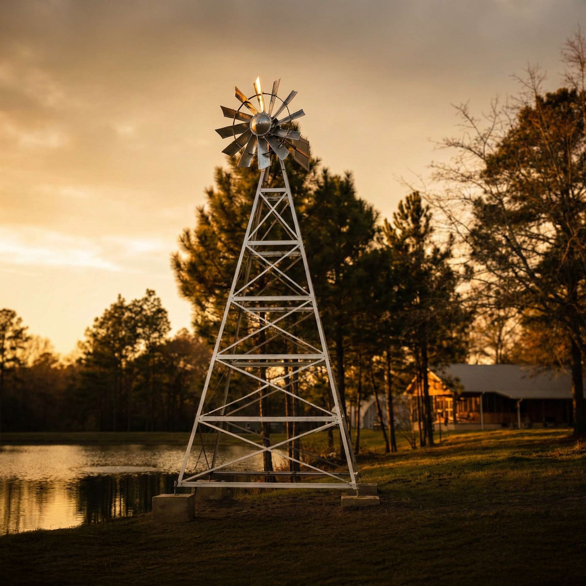 Steel Windmill Pond Aerator with 4-leg galvanized tower and wind-powered aeration system