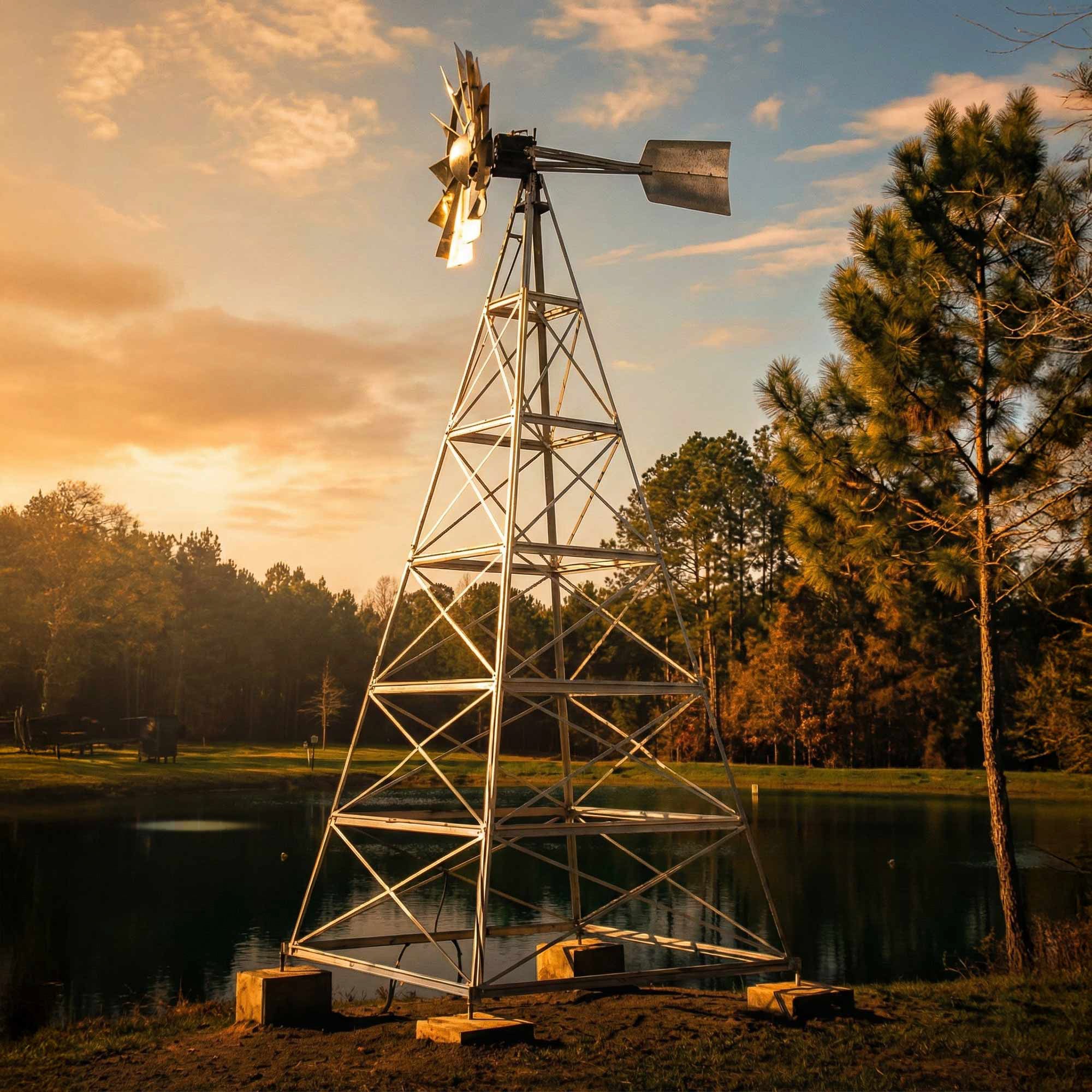 Aeration windmill head replacement with compressor for off-grid pond aeration, 73-inch blades, airline and diffuser