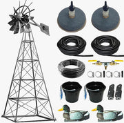 Steel Windmill Pond Aerator with 4-leg tower deluxe kit, wind-powered off-grid pond aeration system featuring galvanized steel tower, windmill head, and dual air stone diffusers for ponds up to 1.75 acres.