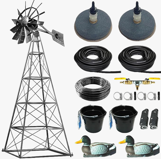 Steel Windmill Pond Aerator with 4-leg tower deluxe kit, wind-powered off-grid pond aeration system featuring galvanized steel tower, windmill head, and dual air stone diffusers for ponds up to 1.75 acres.