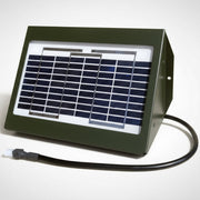 Texas Hunter 12V Solar Charger mounted on a fish feeder, 2-watt panel charging a 12-volt battery for outdoor pond use.