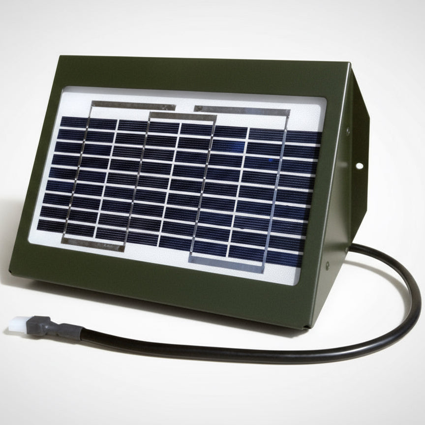Texas Hunter 12V Solar Charger mounted on a fish feeder, 2-watt panel charging a 12-volt battery for outdoor pond use.