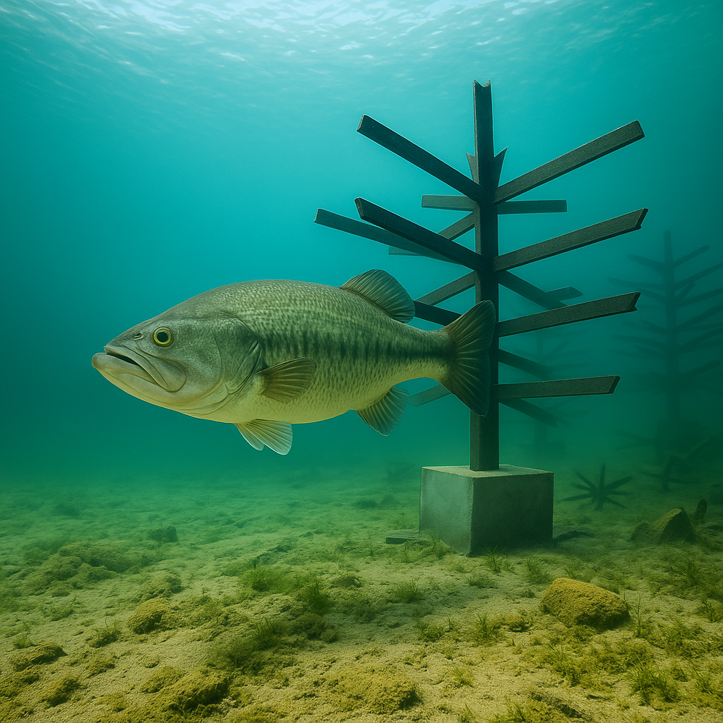 Trophy Tree Sport Fish Habitat made from recycled PVC, providing dense cover for baitfish and bass in ponds and lakes