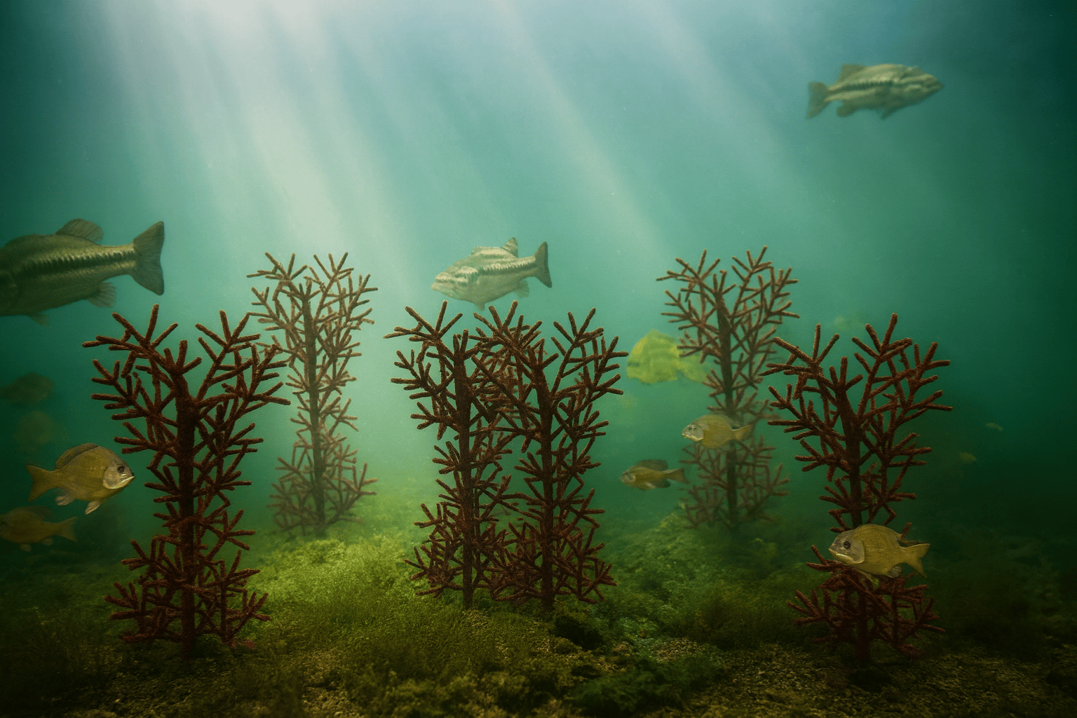 fake fish and poles Ugly Tree Pond Fish Structure