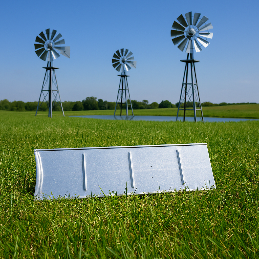 Galvanized windmill blade with universal squared hub, 28-inch design for Outdoor Water Solutions windmills, improving torque and low-wind performance.