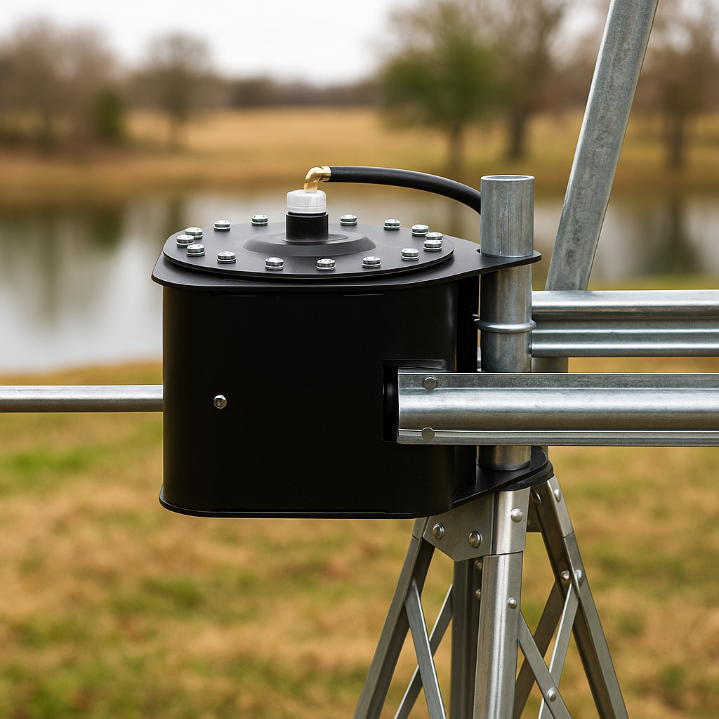 Windmill Compressor with galvanized housing delivering 4.5 CFM airflow for windmill pond aeration systems.