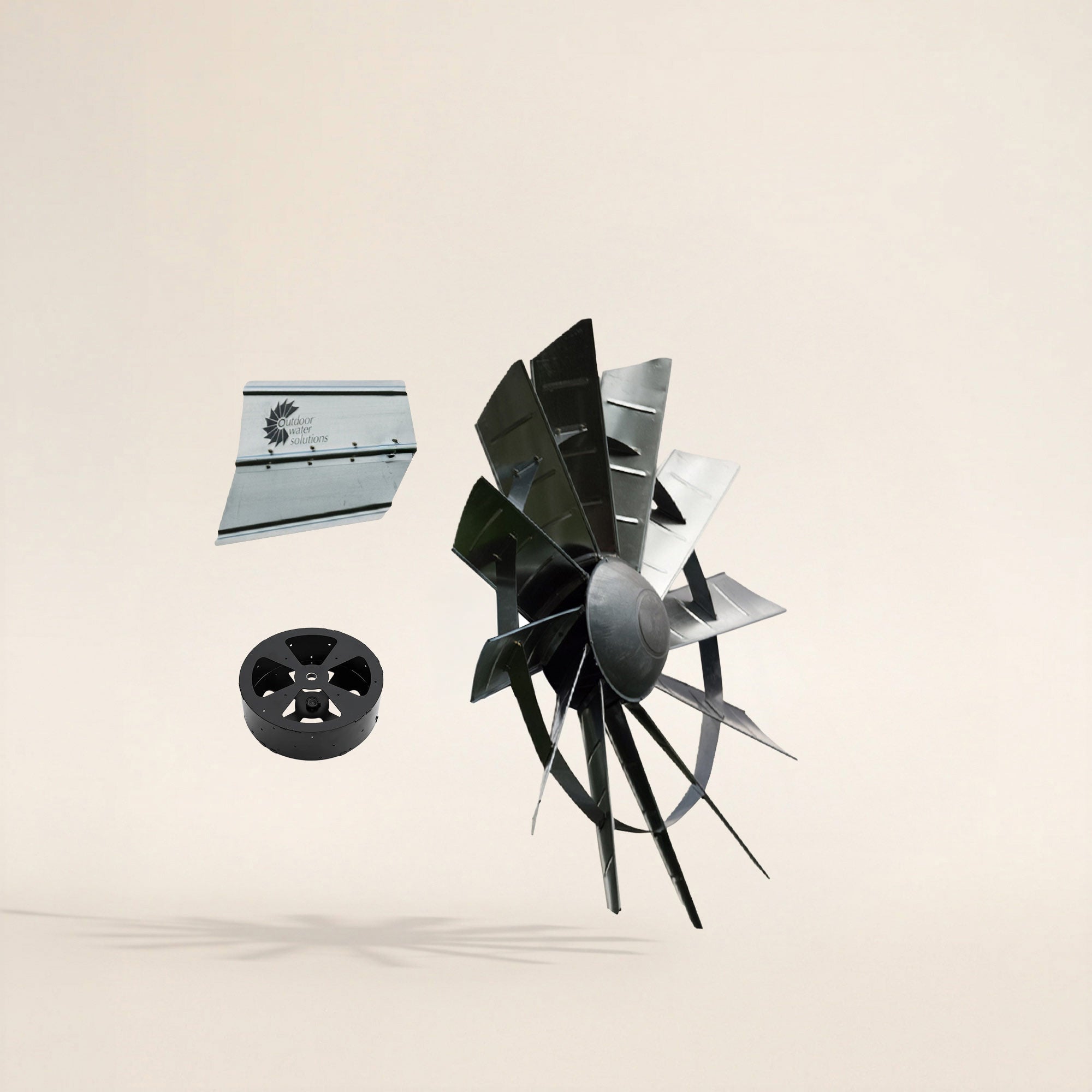 Windmill Head, hub, cap & Tail replacement for pond aeration systems with heavy-duty galvanized blades and universal 1-inch shaft fit