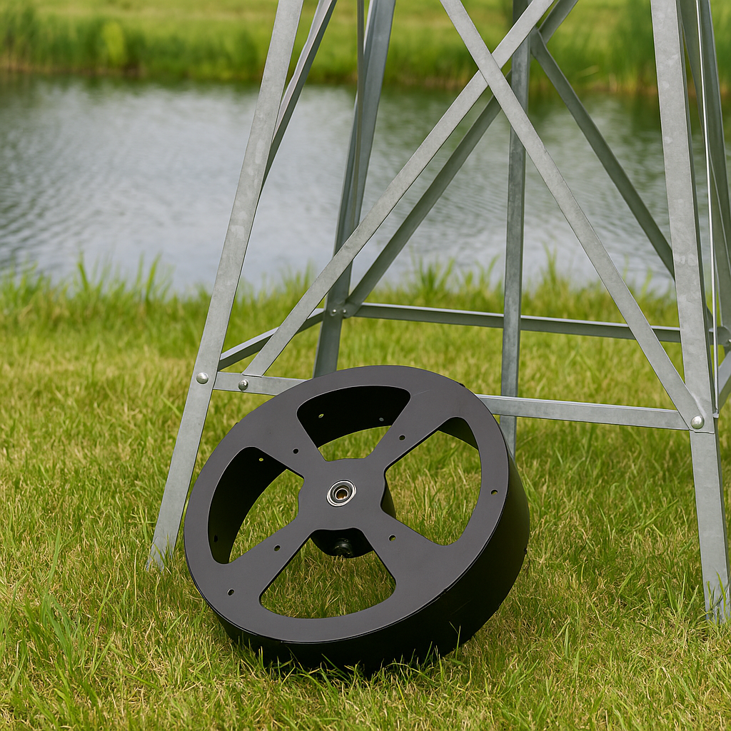 Windmill Hub Assembly made from heavy-duty steel with black powder-coated finish for Outdoor Water Solutions pond aerator and yard windmills.