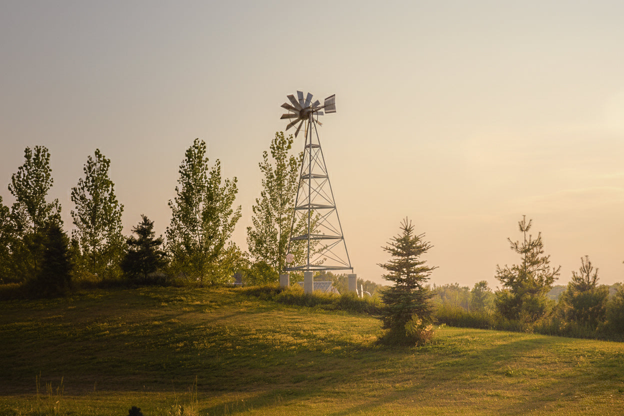 Steel windmill on a grassy hill at sunset.