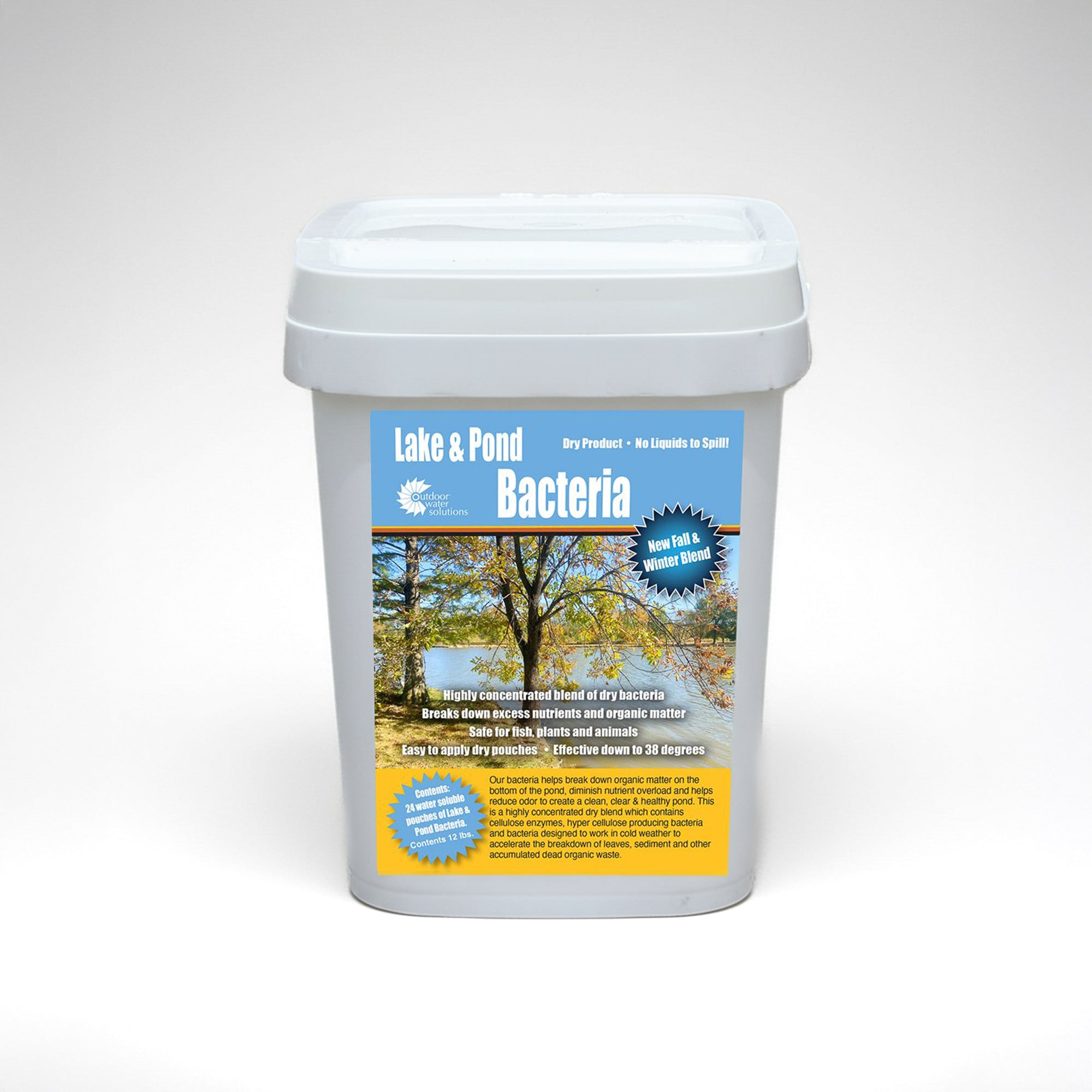 Container of lake and pond bacteria with a scenic label on a white background