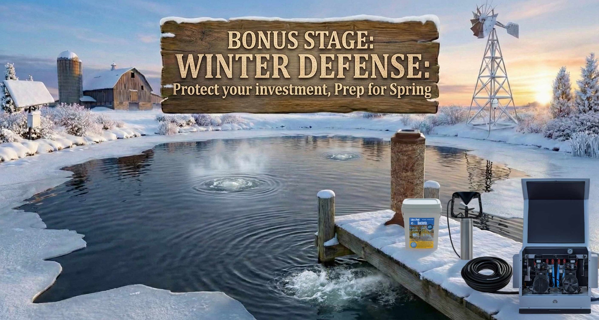 Winter farm scene with a pond aeration kit 