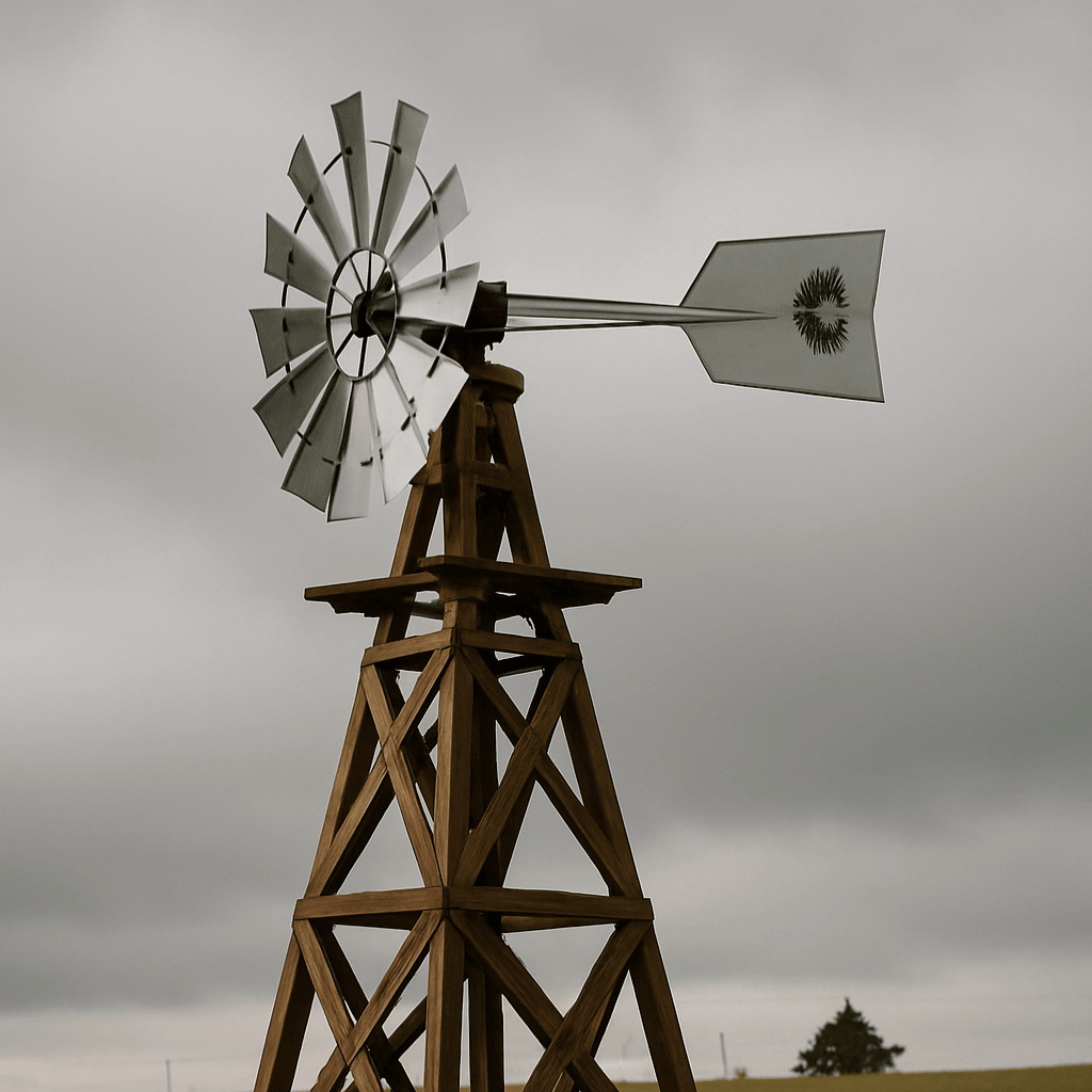 Rustic wooden windmill on a grassy field under a cloudy sky.