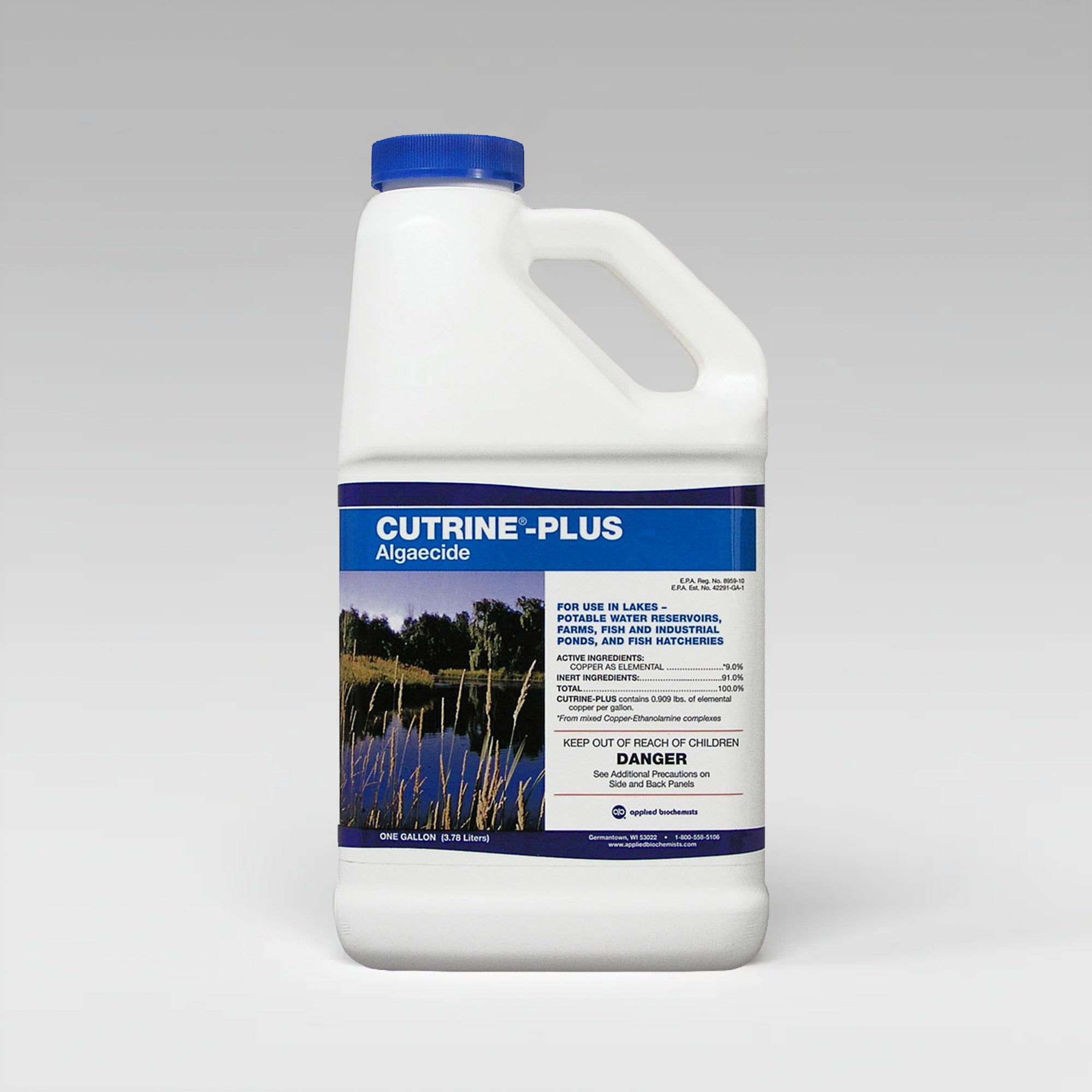 Cutrine-Plus algaecide one-gallon jug used for controlling algae in ponds, lakes, reservoirs, and fish hatcheries.