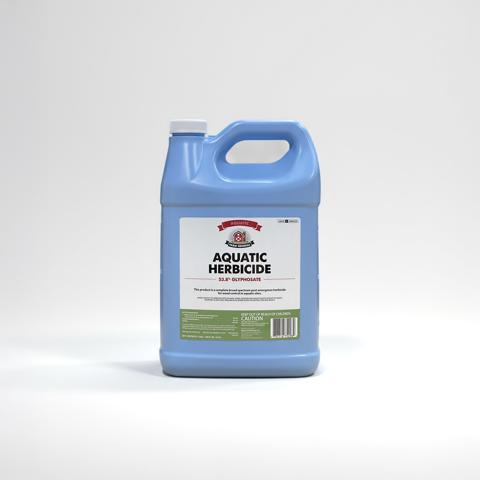 Blue container of aquatic herbicide on a white background