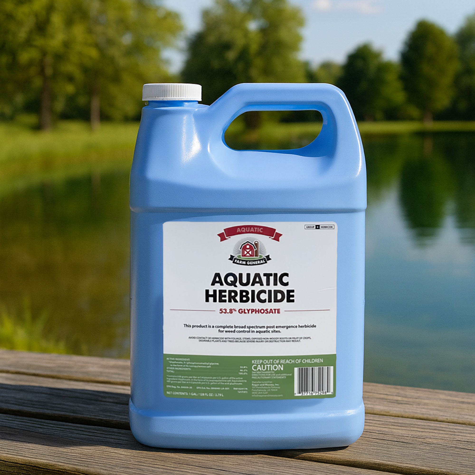 Blue container of aquatic herbicide on a wooden dock with a lake and trees in the background