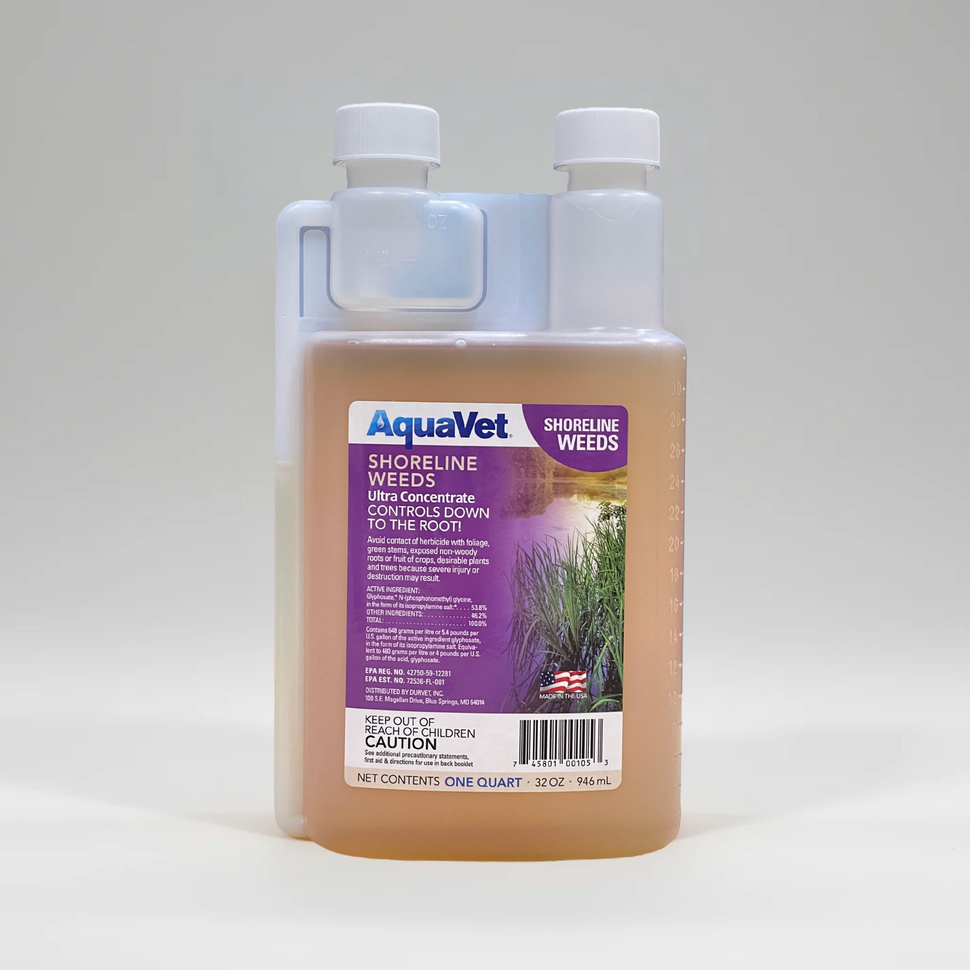 AquaVet Shoreline Weeds ultra-concentrate herbicide one-quart bottle for controlling shoreline and emergent aquatic weeds.