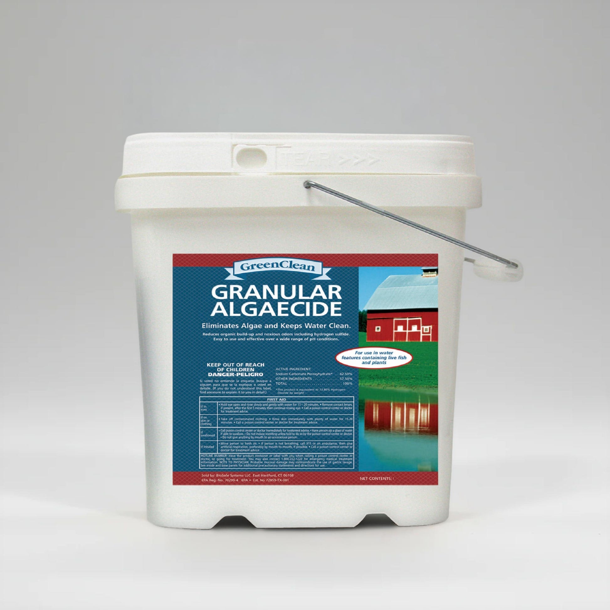 GreenClean Granular Algaecide white pail used for eliminating algae in ponds, lakes, and water features