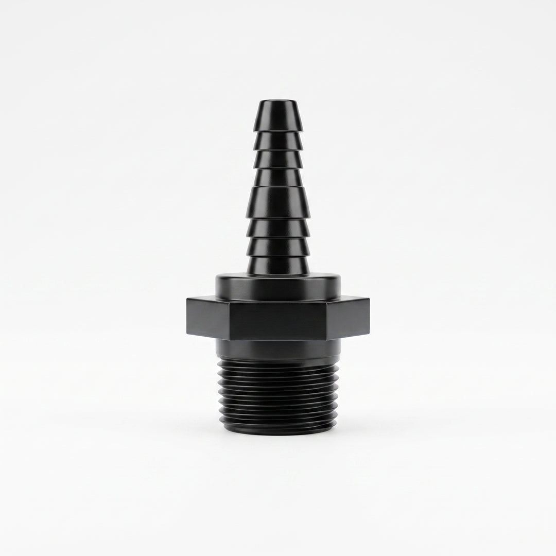 Black industrial 3/4 inch male pipe thread to 1/2 inch and 3/8 inch hose barb adapter fitting isolated on a white background.