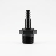 Black industrial 3/4 inch male pipe thread to 1/2 inch and 3/8 inch hose barb adapter fitting isolated on a white background.
