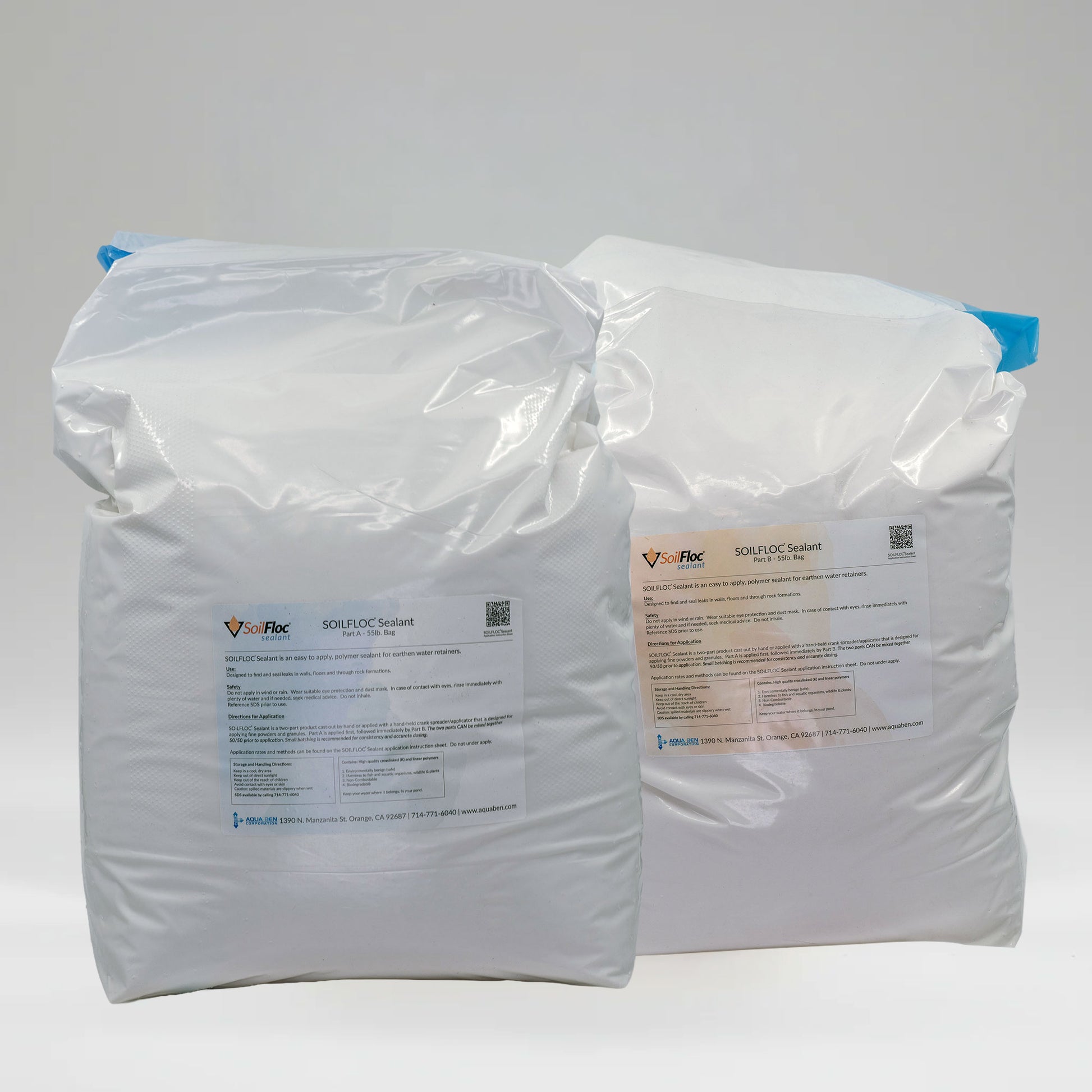 Two bags of SoilFloc Sealant polymer pond sealer used for fixing leaks in ponds, lakes, and soil basins.
