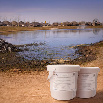 Two buckets of SoilFLOC Pond Sealant in front of a residential pond with a leak.