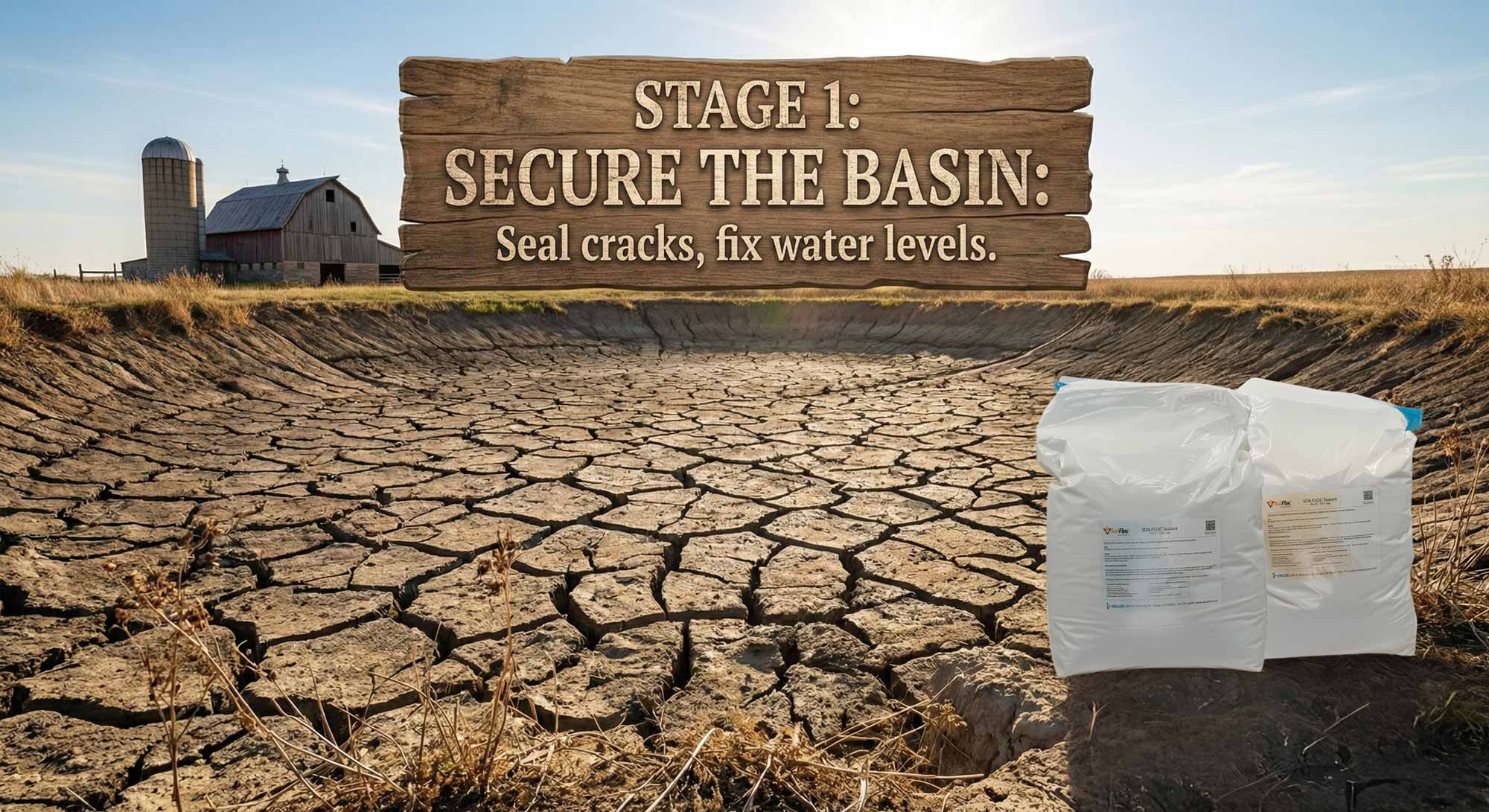 Soilfloc pond sealant bags in front of a dry, cracked farm pond basin