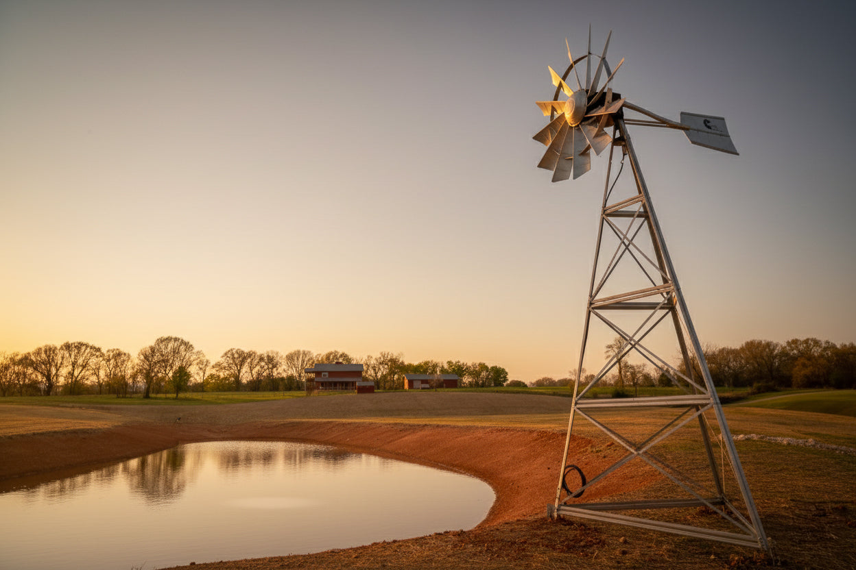 Traditional farm windmill next to a pond at sunset.