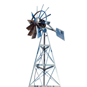 A silver 3-legged windmill against a white background.
